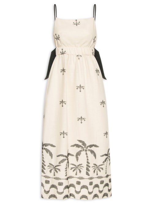 Vestido Midi Linho Bordado Orla - Bege