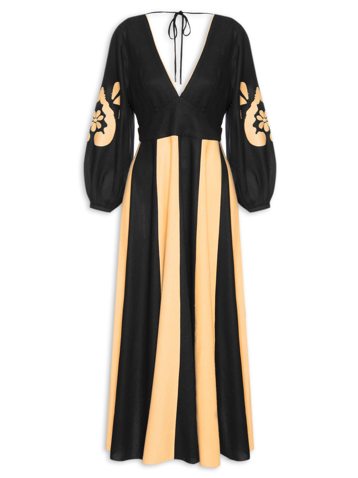 Vestido Midi Linho Bordado - Preto