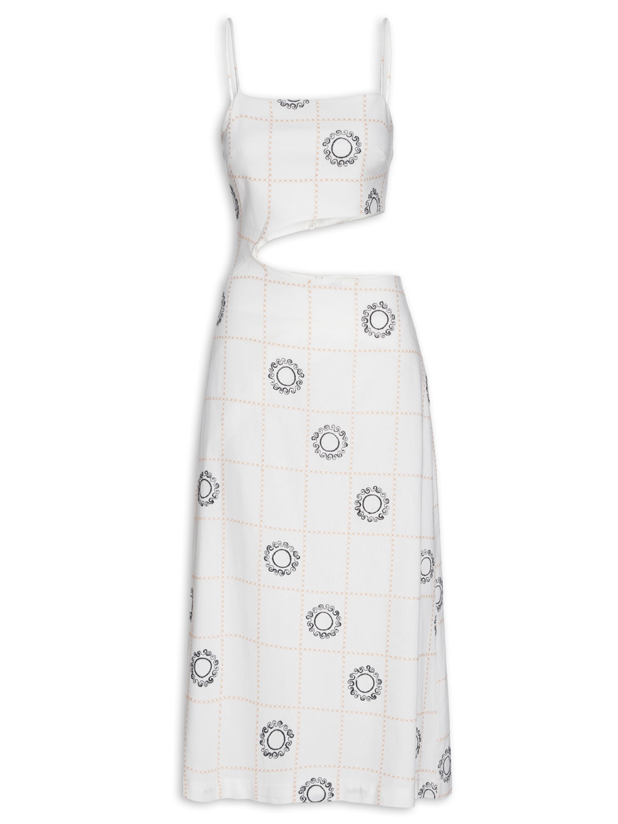 Vestido Midi Linho Bordado Sol - Branco