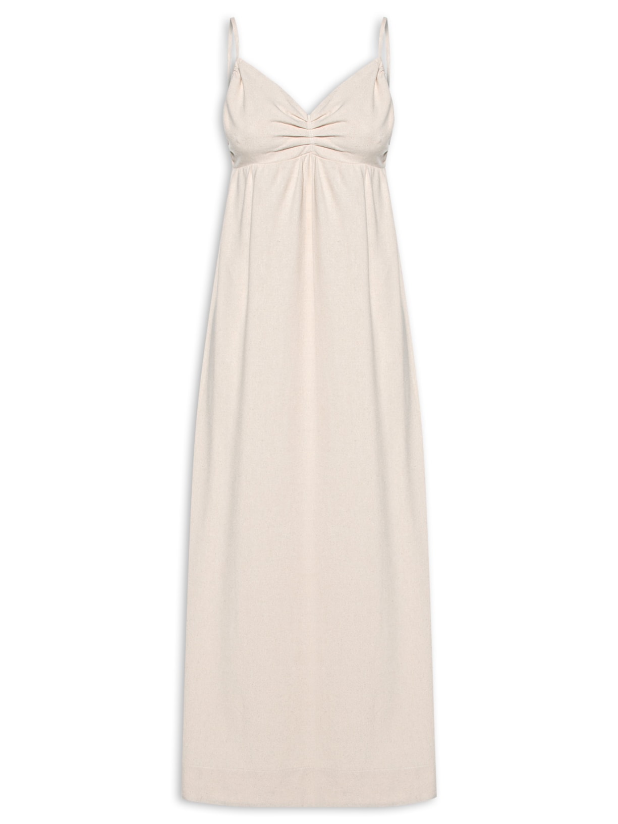 Vestido Midi Linho Busto Franzido - Bege