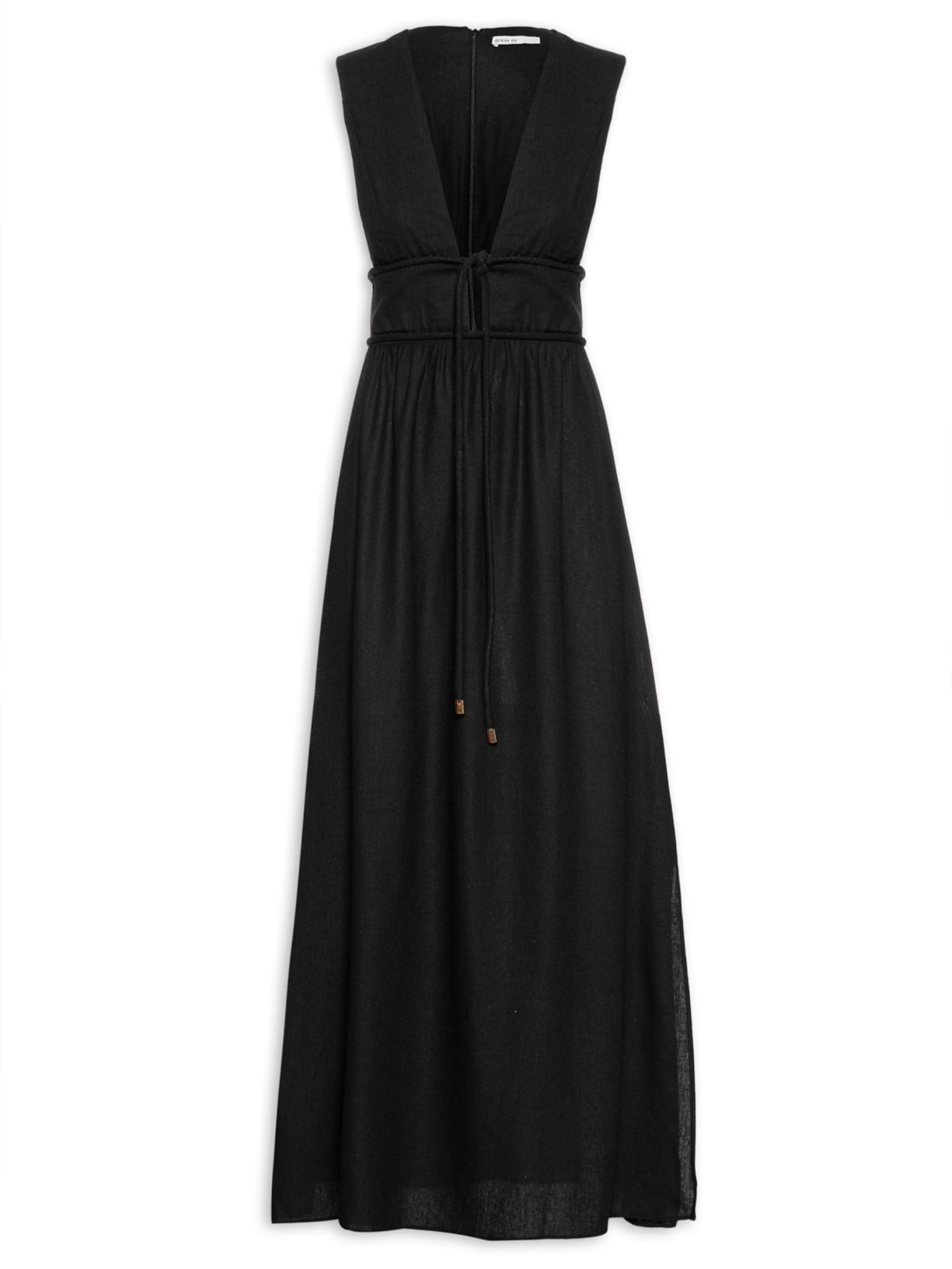 Vestido Midi Linho Cadarço Encapado - Preto