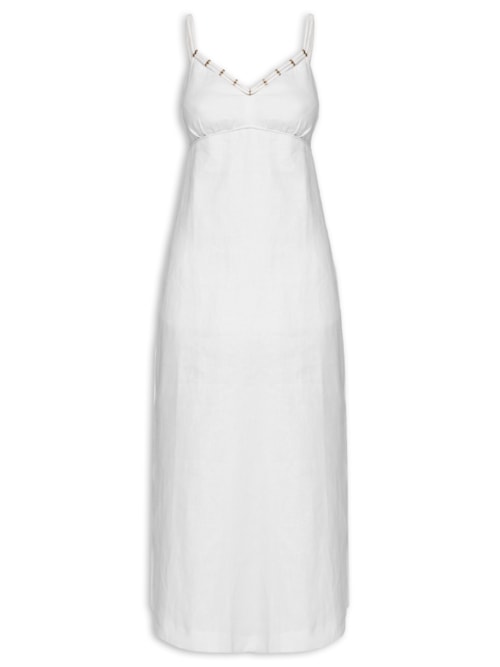 Vestido Midi Linho Decote Metais - Branco