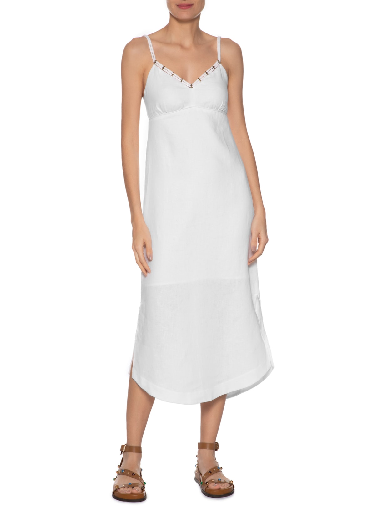 Vestido Midi Linho Decote Metais Branco Maria Filó