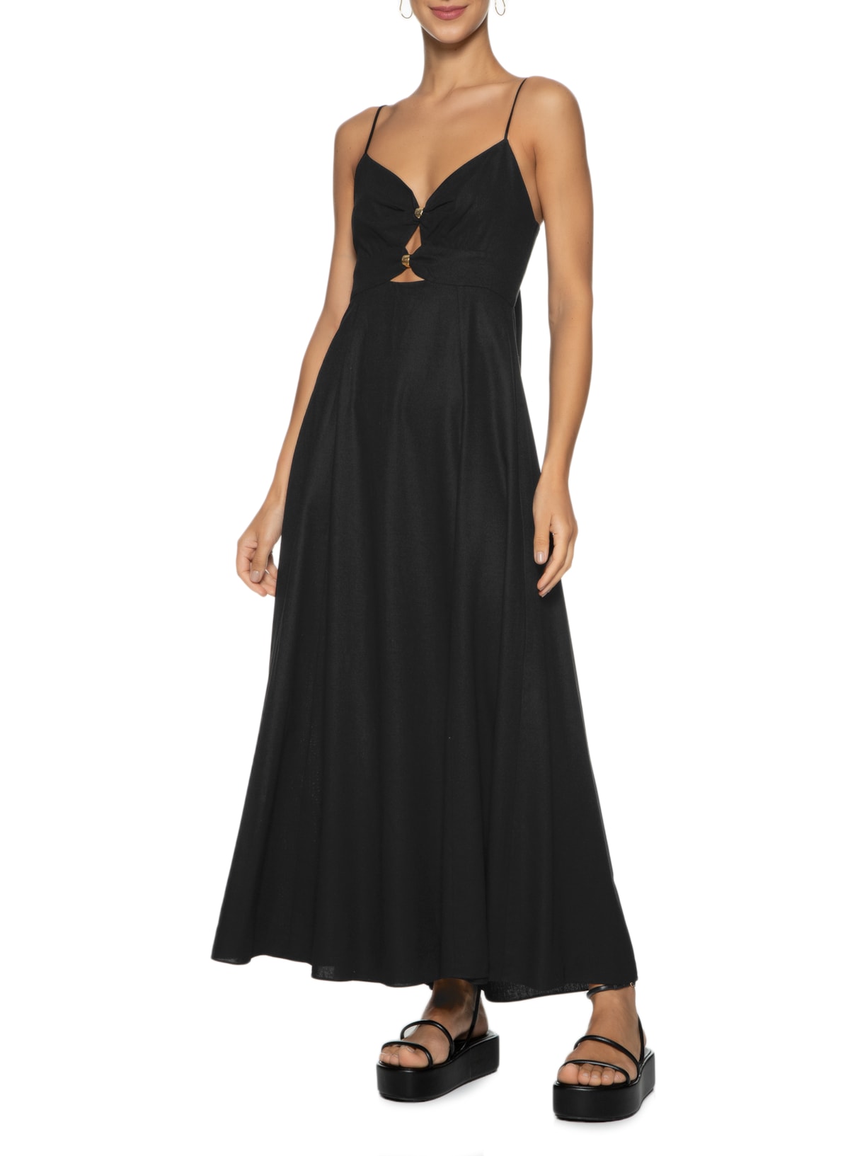 Vestido Midi Linho Detalhe Metal Preto Dress To