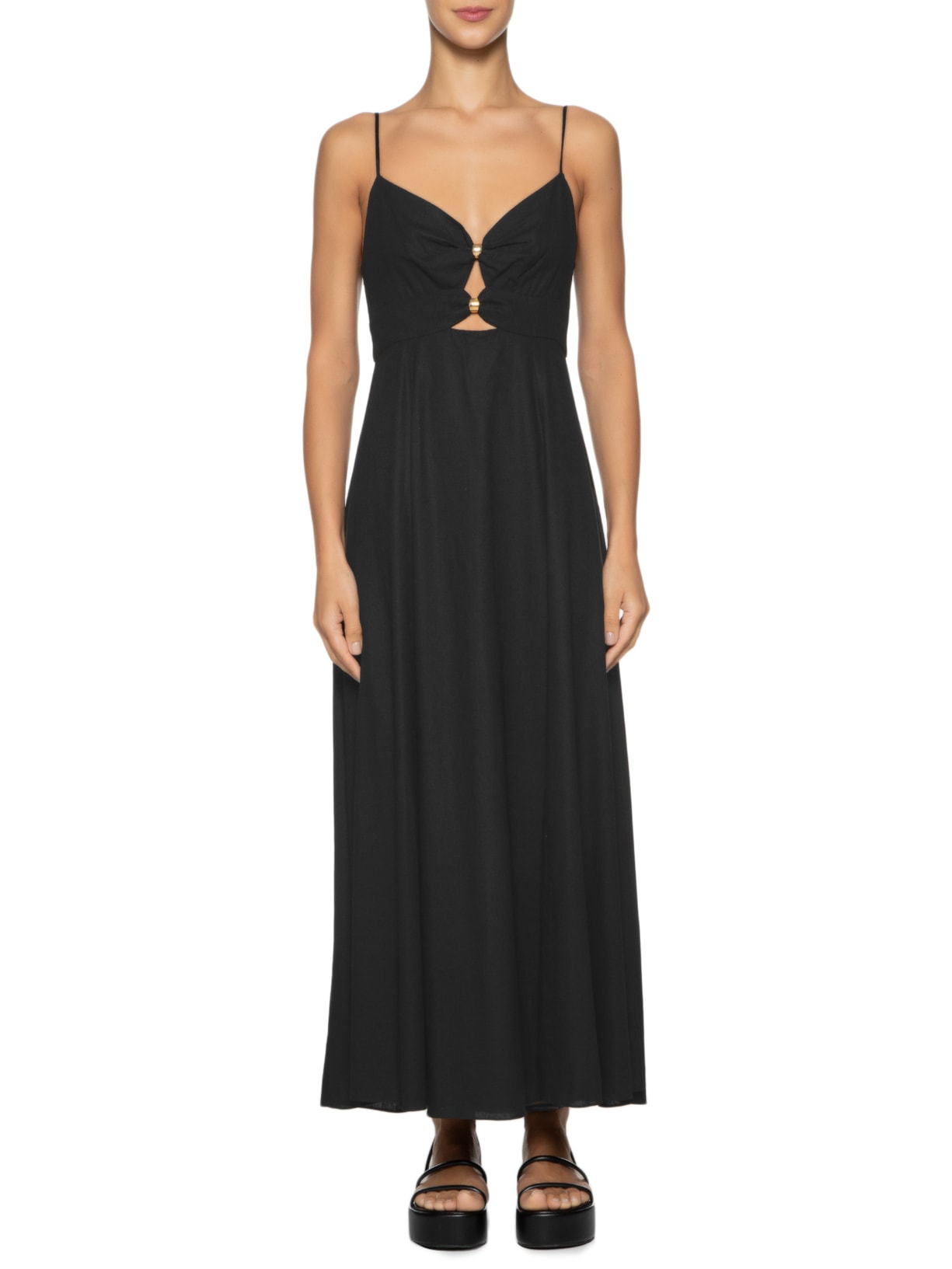 Vestido Midi Linho Detalhe Metal Preto Dress To