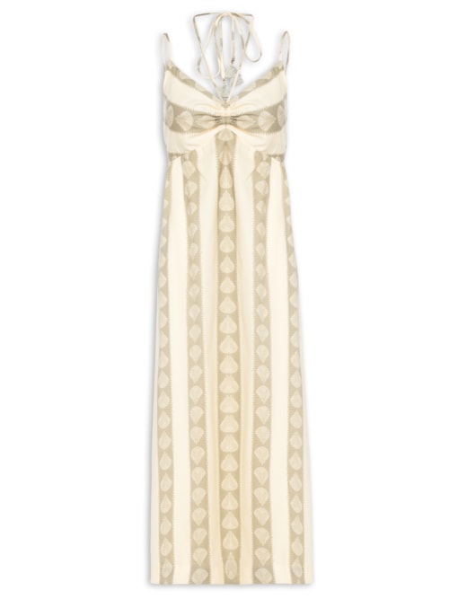 Vestido Midi Linho Estampa Atins - Bege