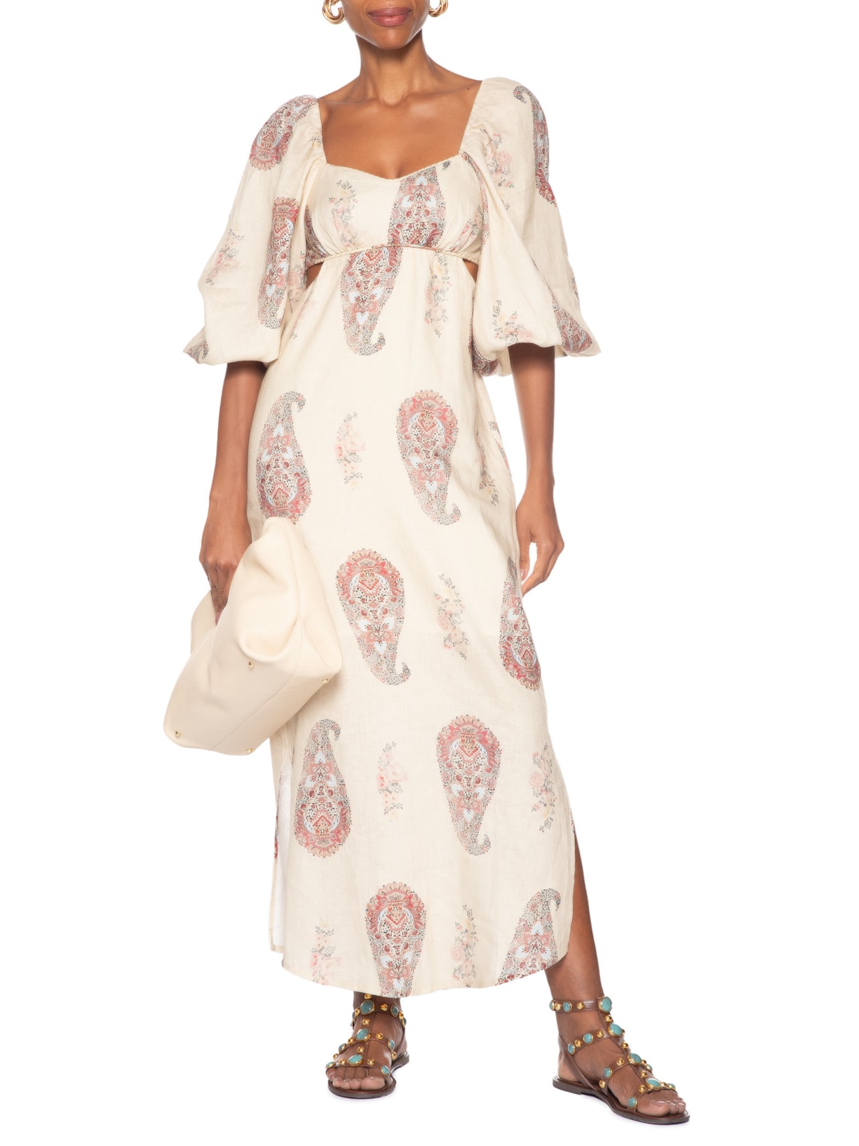 Vestido Midi Linho Estampa Flory Off White Maria Filó