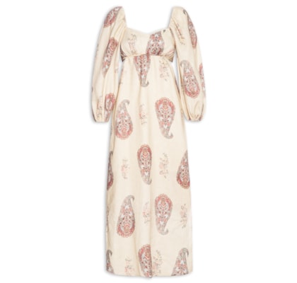 Vestido Midi Linho Estampa Flory - Off White