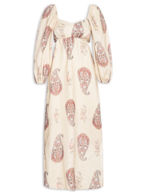 Vestido Midi Linho Estampa Flory - Off White