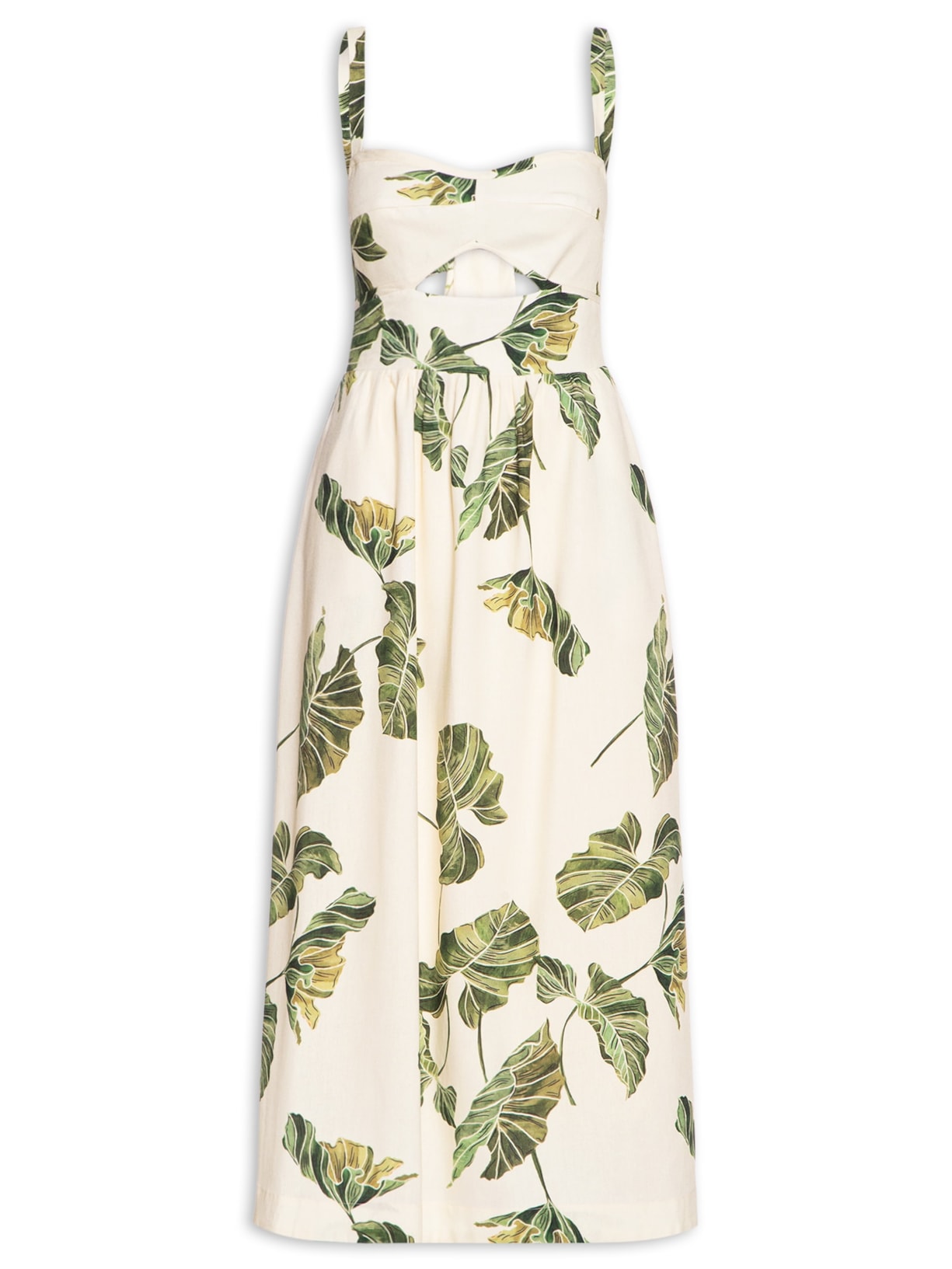 Vestido Midi Linho Estampa Folhar - Amarelo