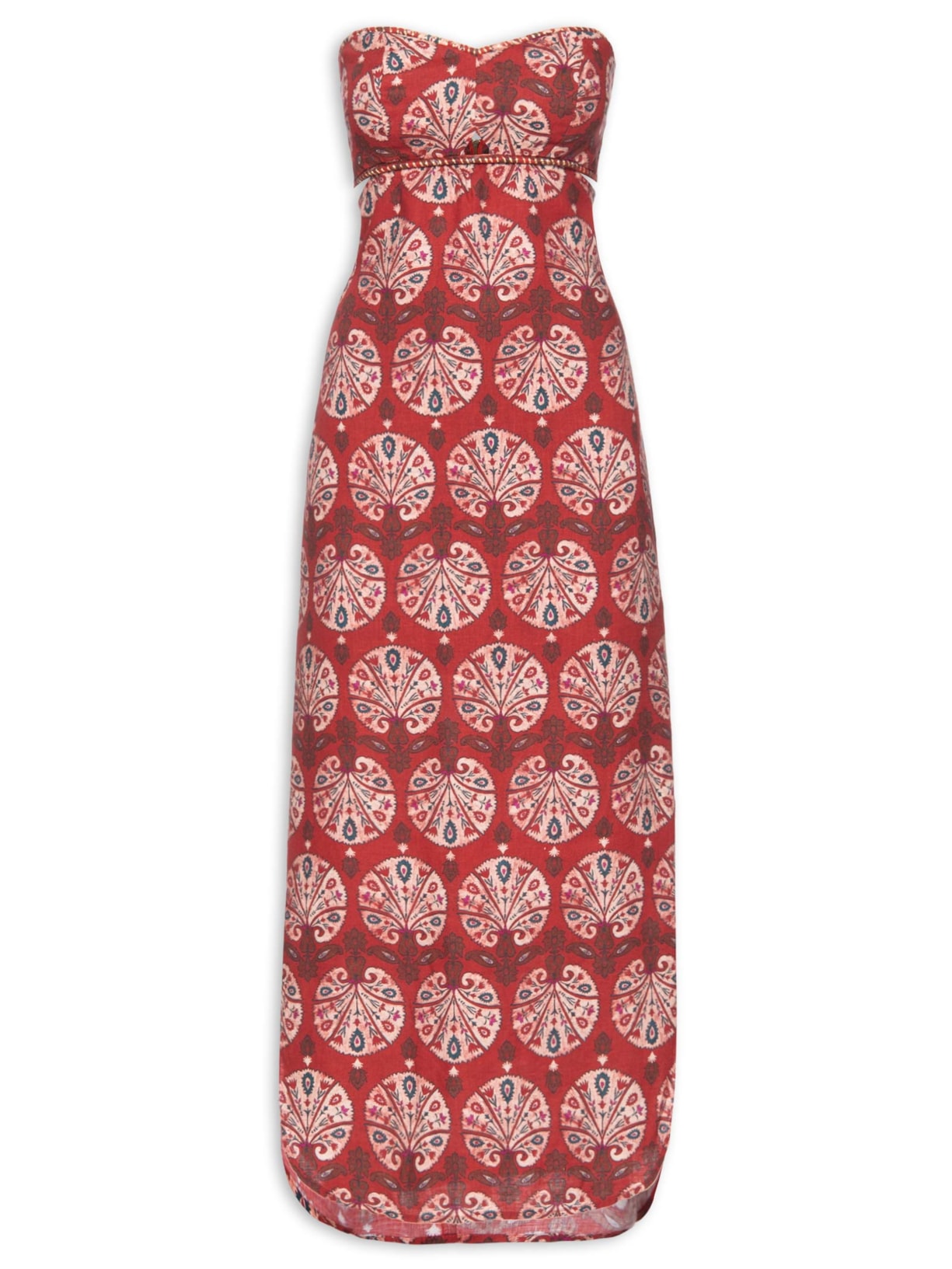 Vestido Midi Linho Estampa Leque - Vermelho