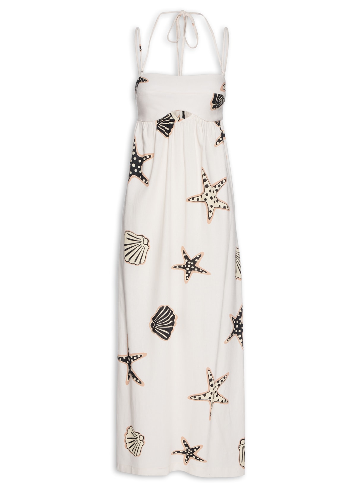 Vestido Midi Linho Estampa Marinha - Off White