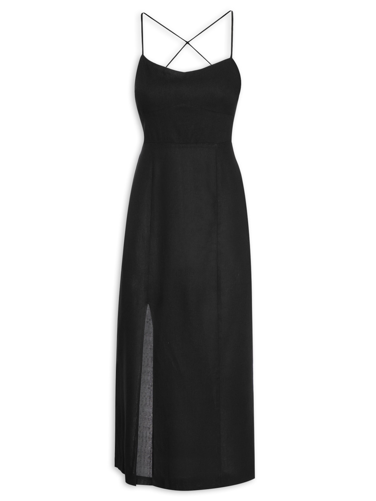 Vestido Midi Linho Fenda Lateral - Preto