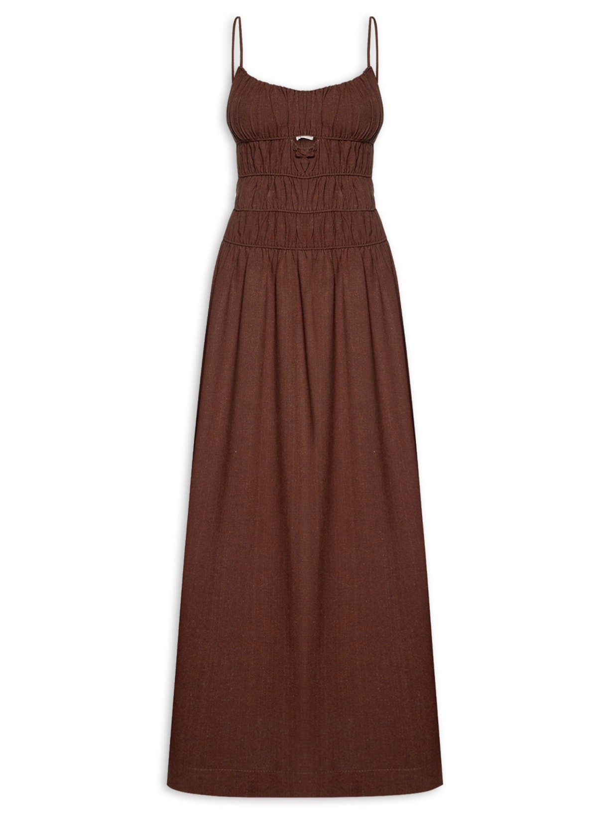 Vestido Midi Linho Franzidos - Marrom