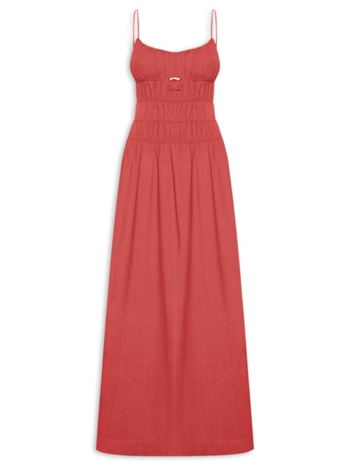 Vestido Midi Linho Franzidos - Vermelho