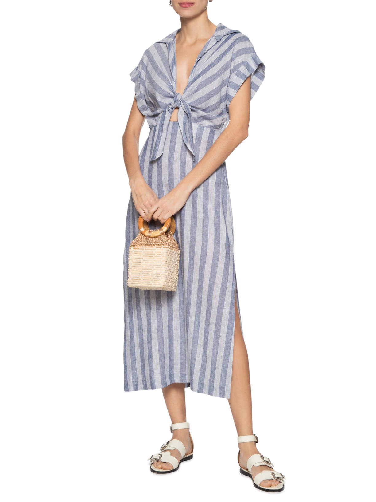 Vestido Midi Linho Listrado Dress To Azul