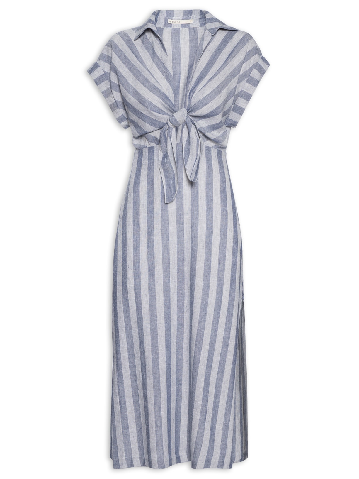 Vestido Midi Linho Listrado - Azul