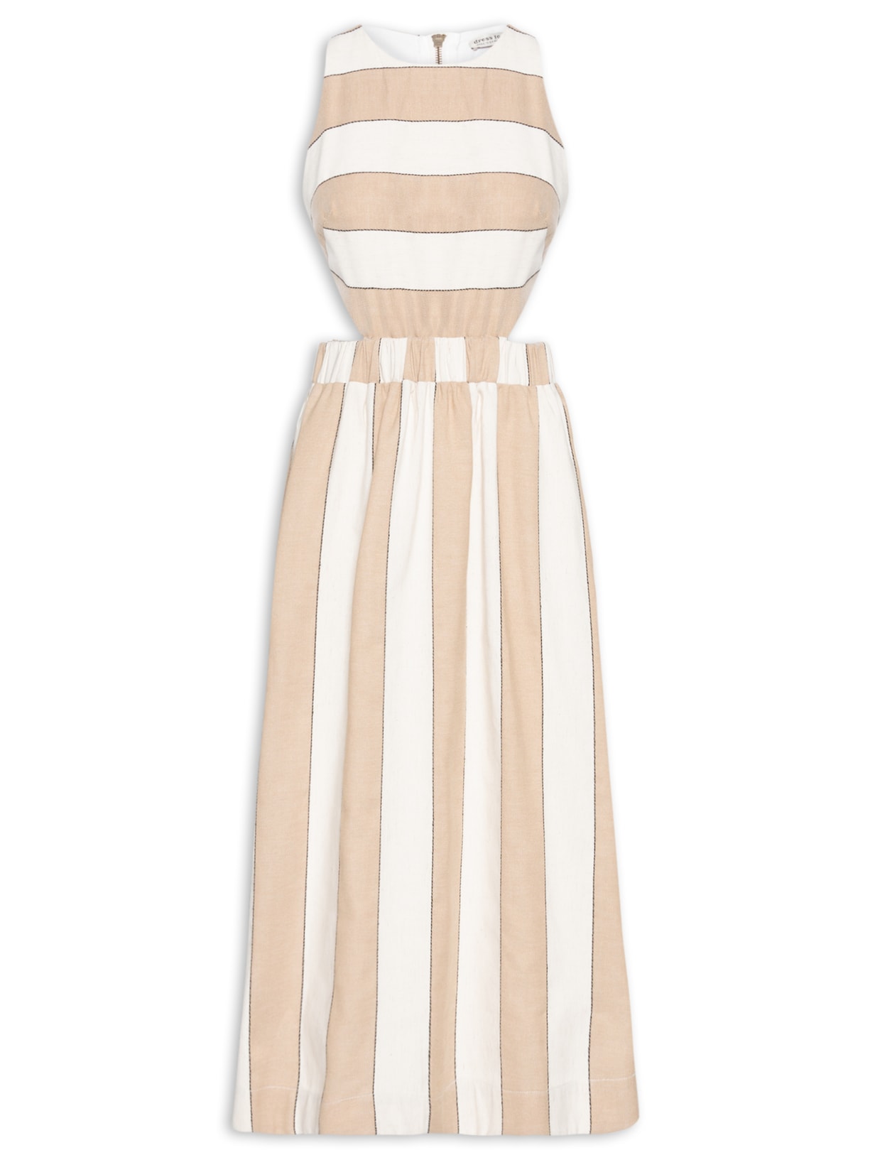 Vestido Midi Linho Listras Recorte - Bege