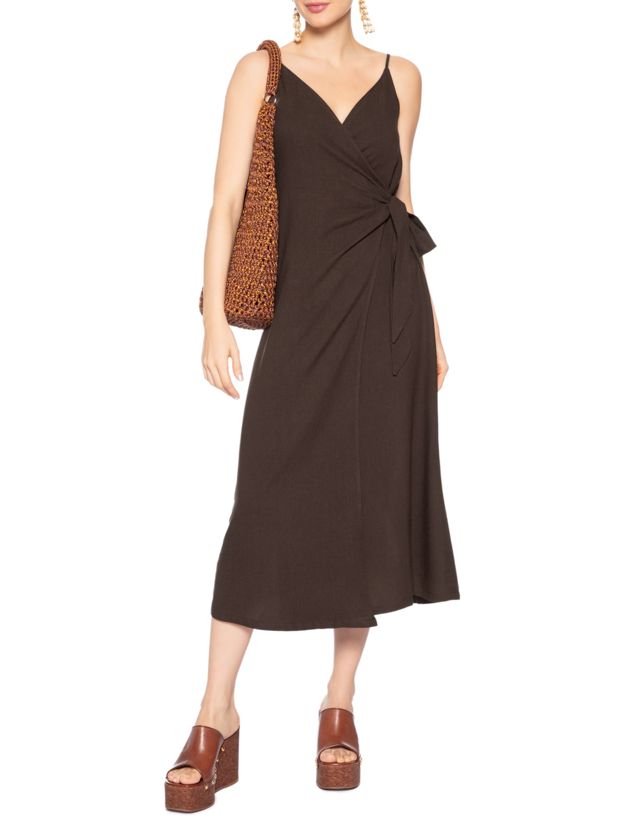 Vestido Midi Linho Marrom Cia Marítima