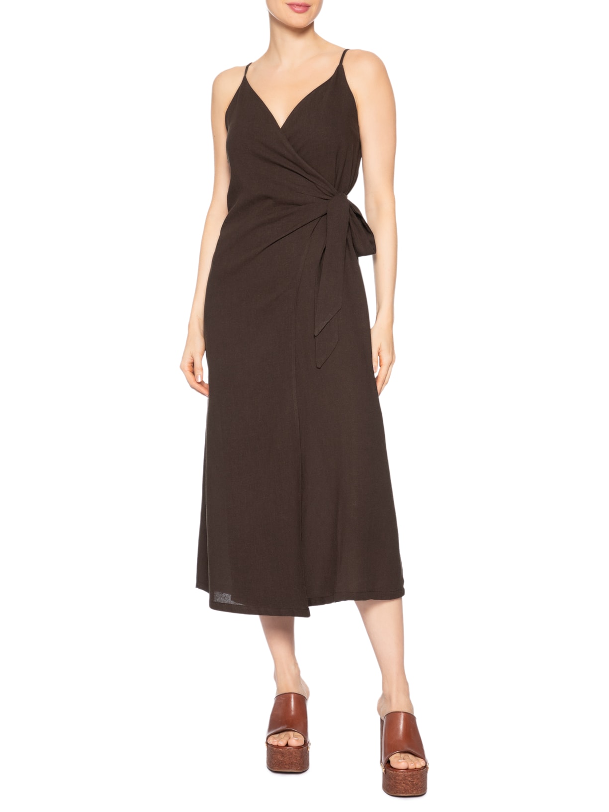 Vestido Midi Linho Marrom Cia Marítima