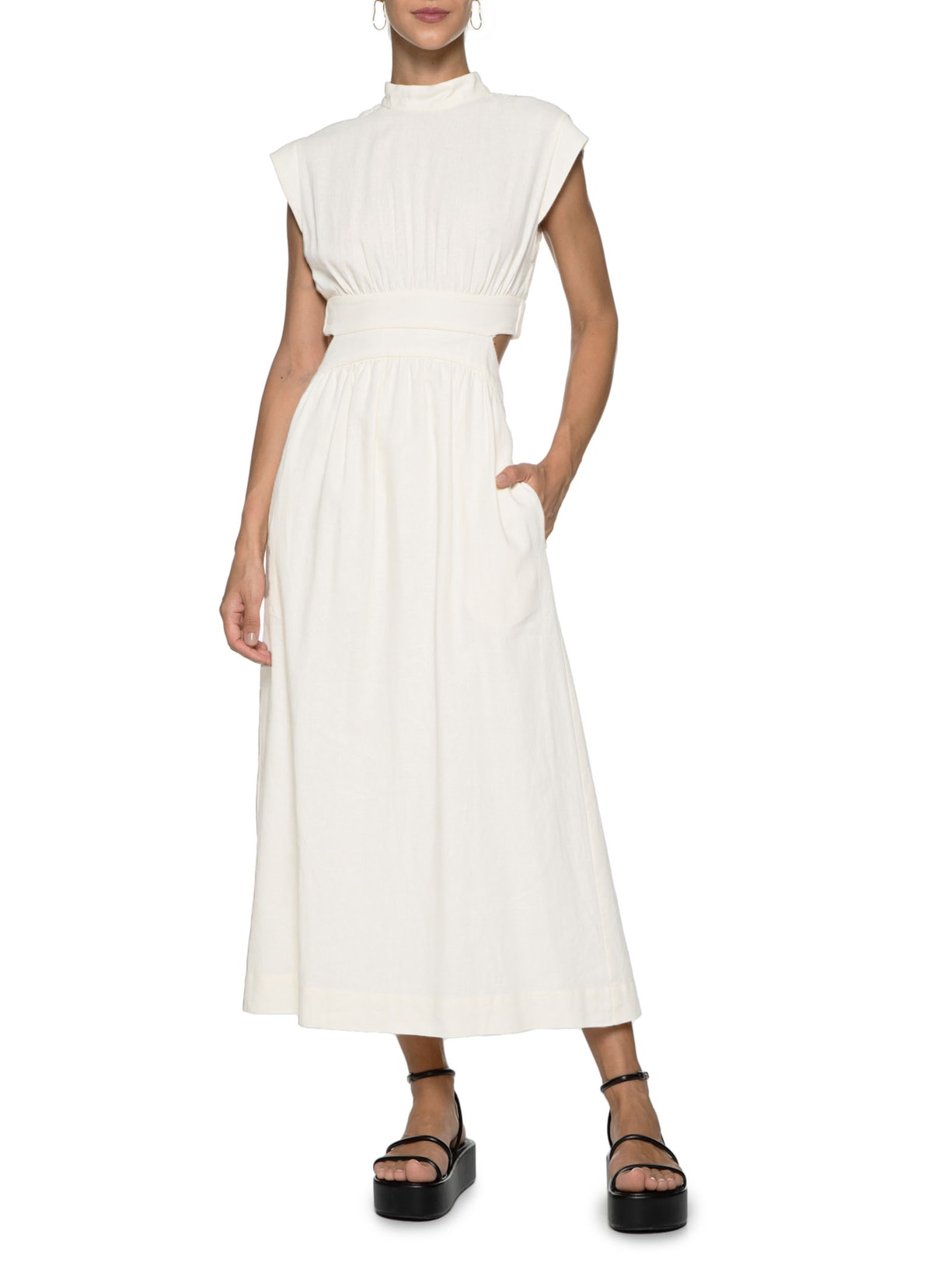 Vestido Midi Linho Pala Arredondada Off White Dress To