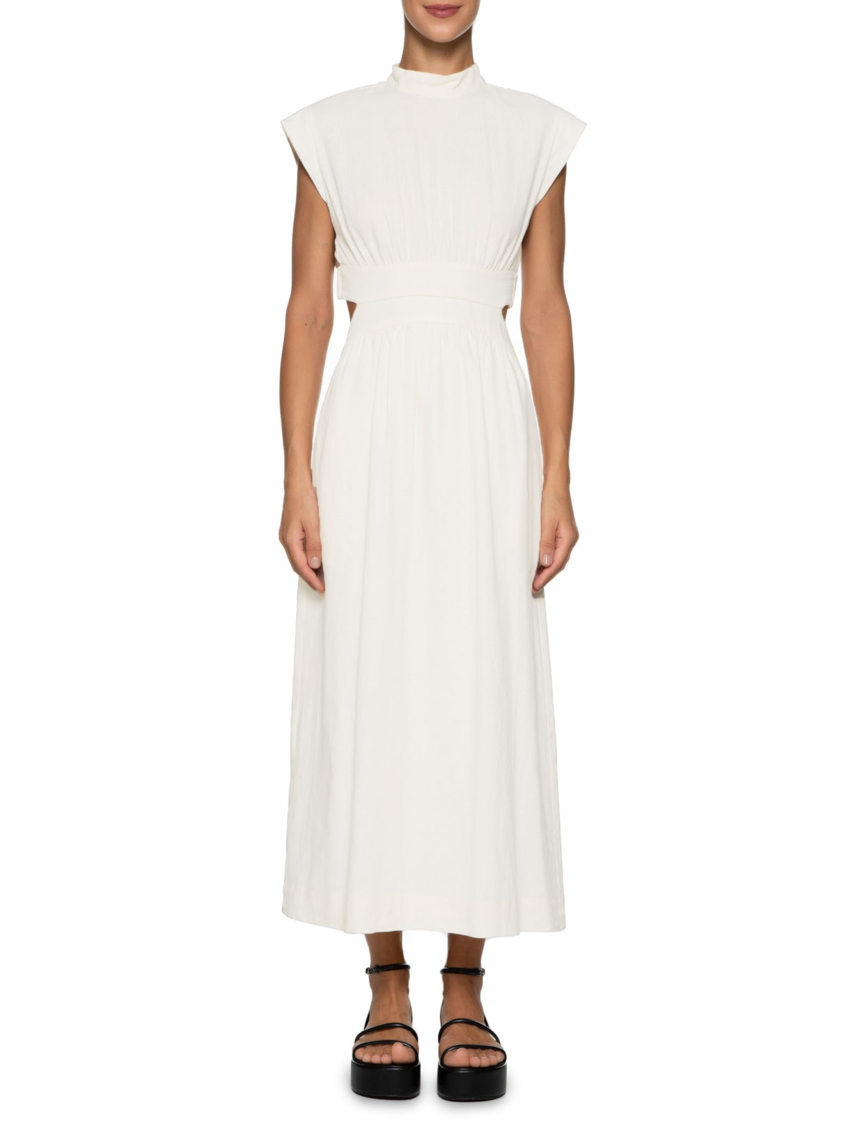 Vestido Midi Linho Pala Arredondada Off White Dress To