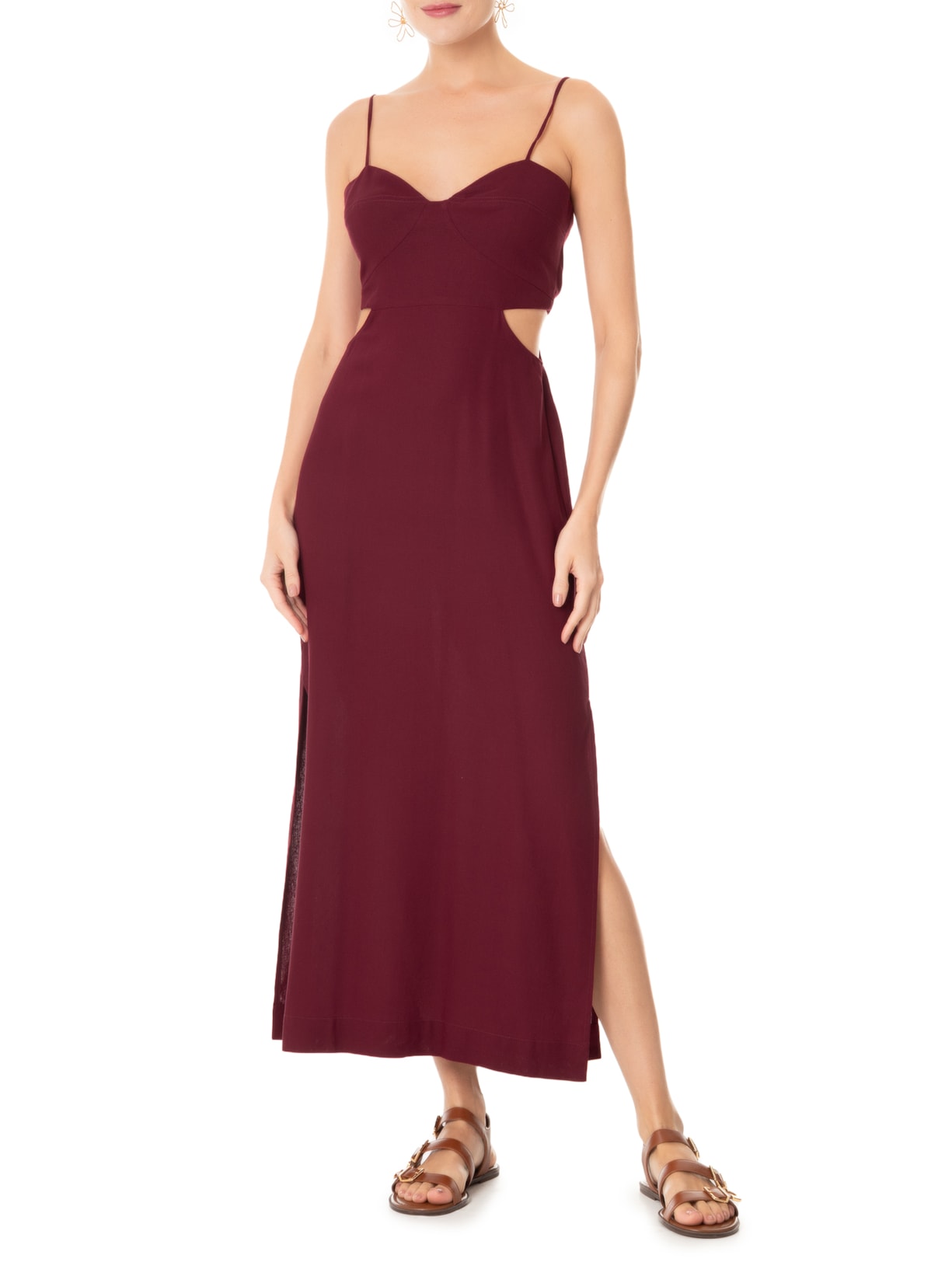 Vestido Midi Linho Recortes Vinho Dress To
