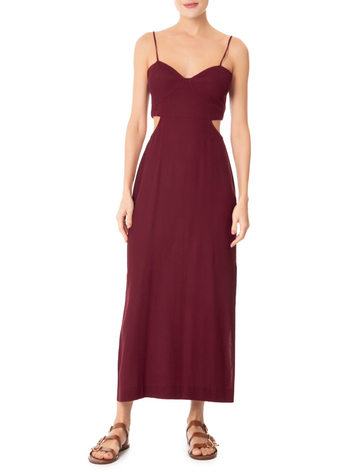 Vestido Midi Linho Recortes Vinho Dress To