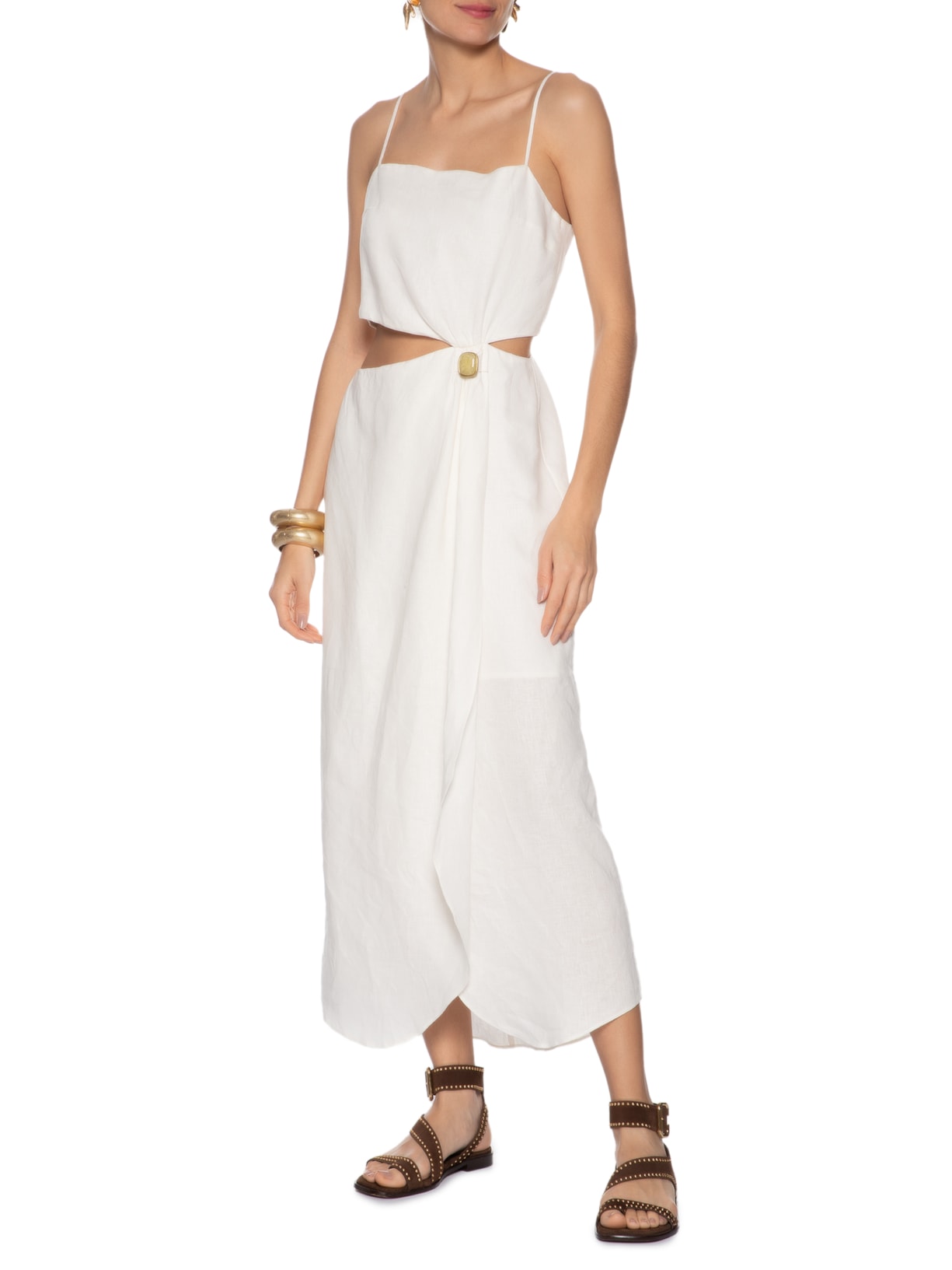 Vestido Midi Linho Transpasse Metal Branco Maria Filó