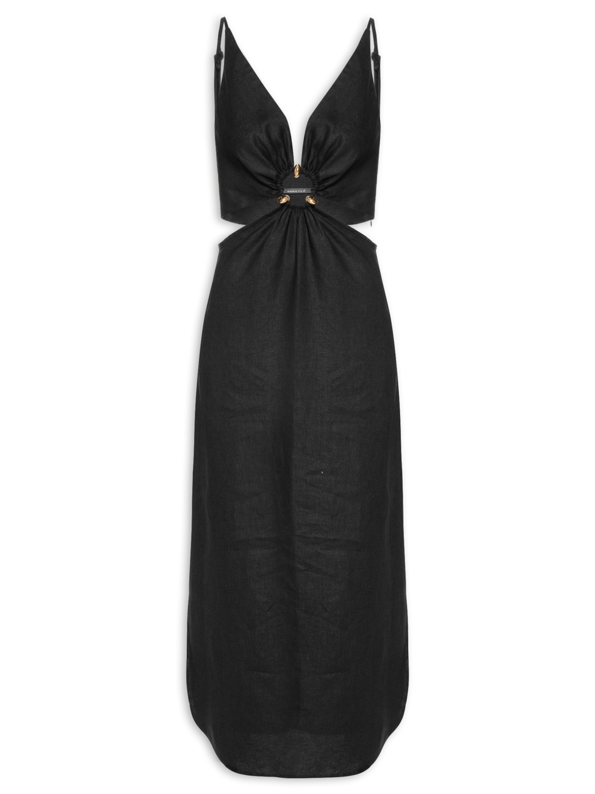 Vestido Midi Linho Vazado - Preto