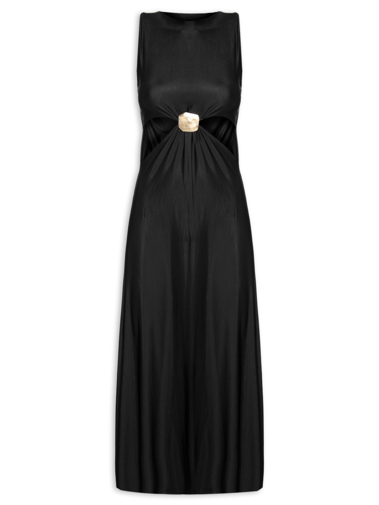 Vestido Midi Liso Passante Trabalhado - Preto