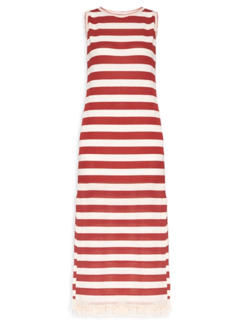 Vestido Midi Listrado Malha Tricot – Vermelho