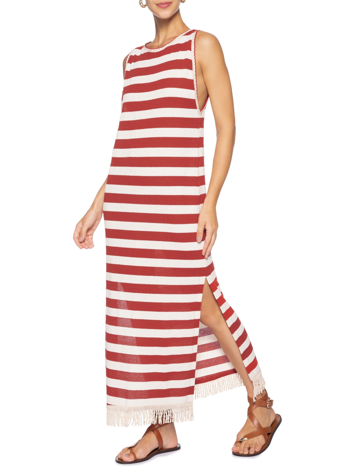 Vestido Midi Listrado Malha Tricot  – Vermelho Dress To