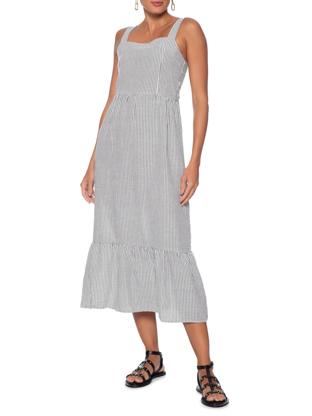 Vestido Midi Listrado Preto Basiq