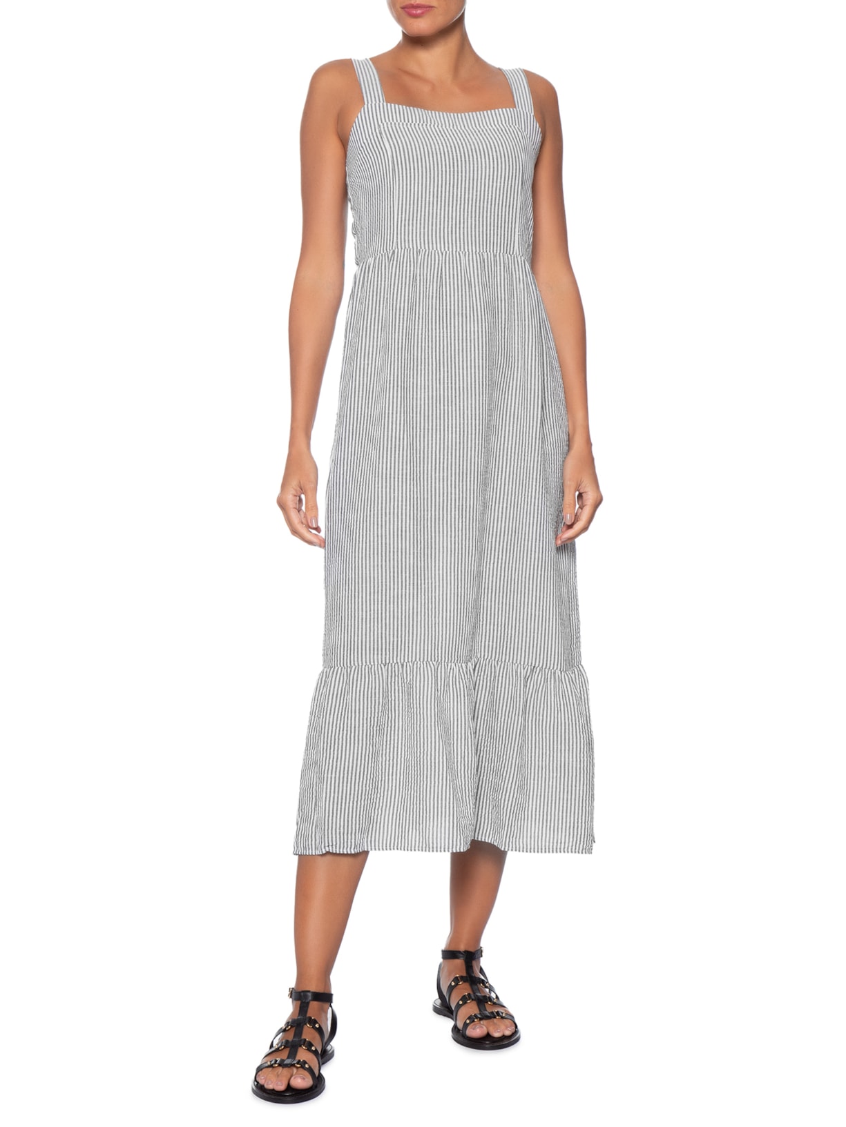 Vestido Midi Listrado Preto Basiq