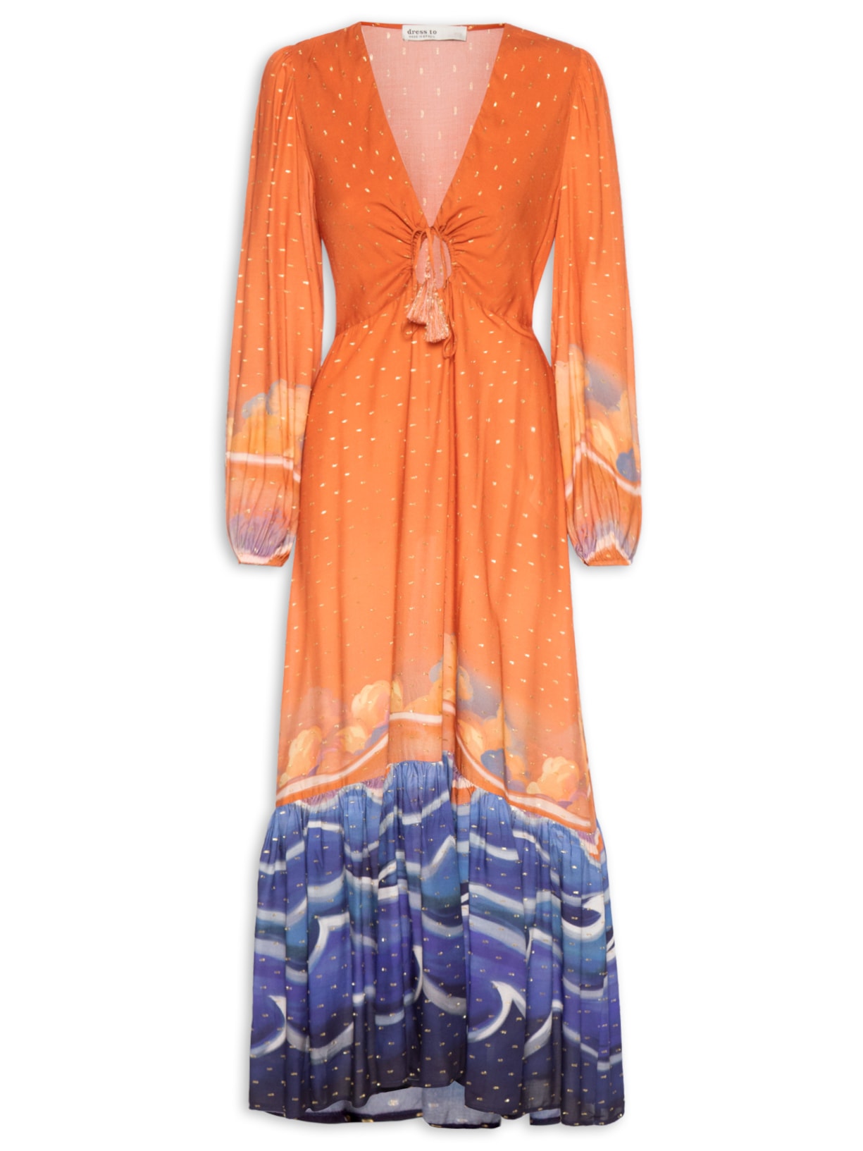 Vestido Midi Lurex Estampa Maré Alta - Laranja