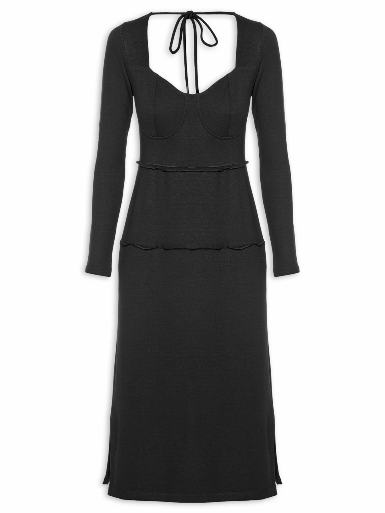 Vestido Midi Malha Decote Coração - Preto