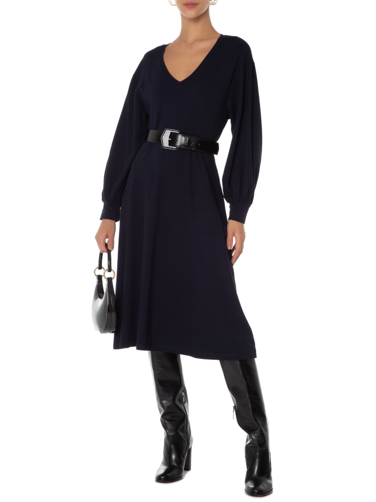 Vestido Midi Malha Manga Longa Ballon Azul '2Essential