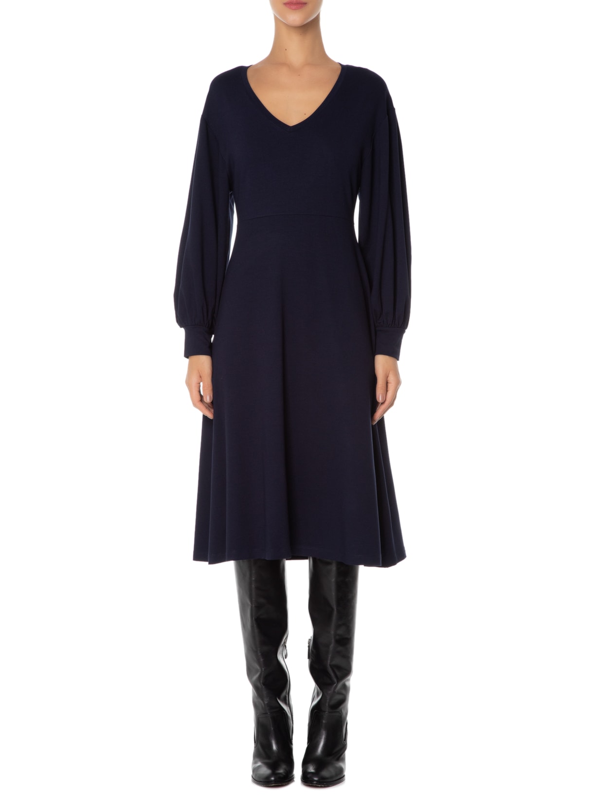 Vestido Midi Malha Manga Longa Ballon Azul '2Essential