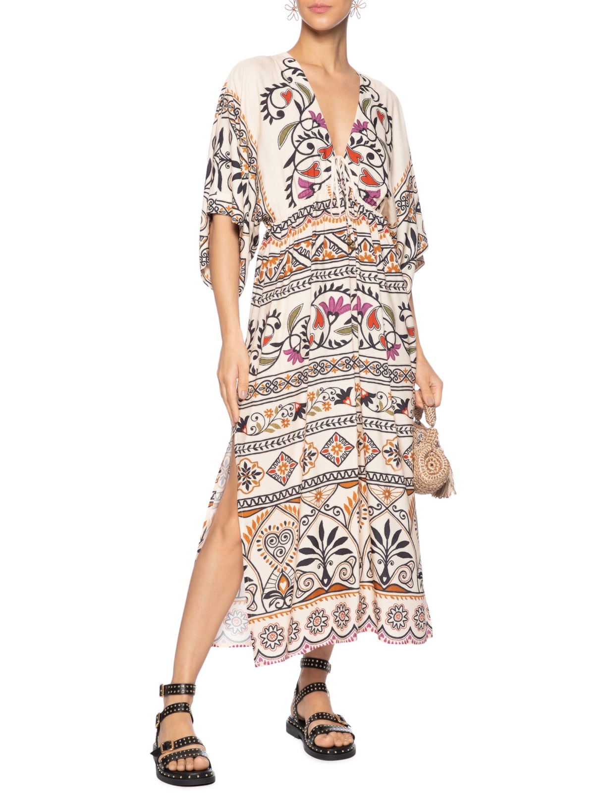 Vestido Midi Manga Adriele Bege Farm