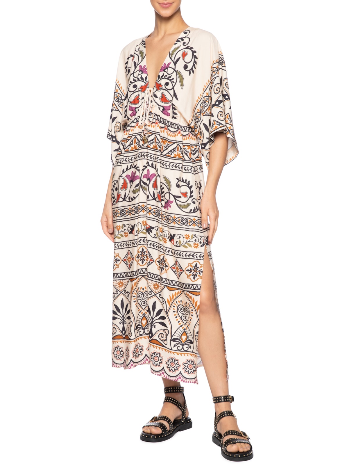 Vestido Midi Manga Adriele Bege Farm