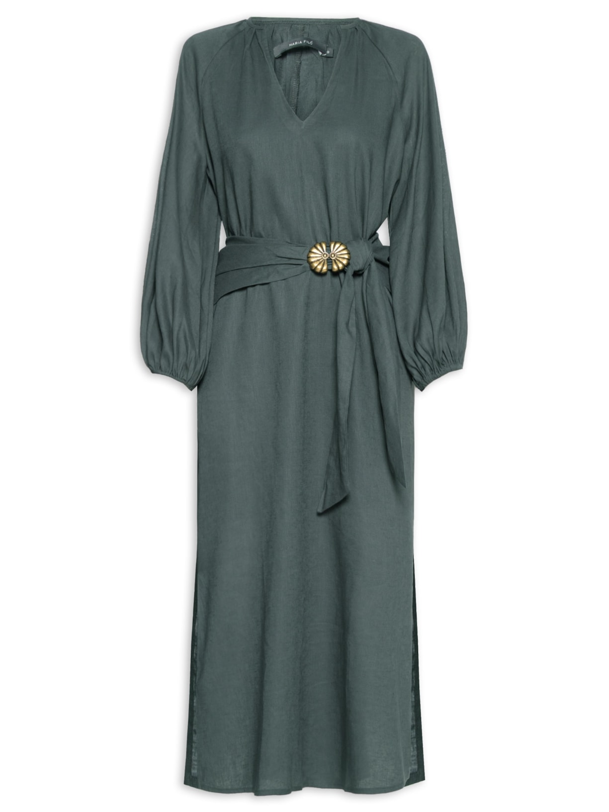 Vestido Midi Manga Bufante Lenço Verde Maria Filó