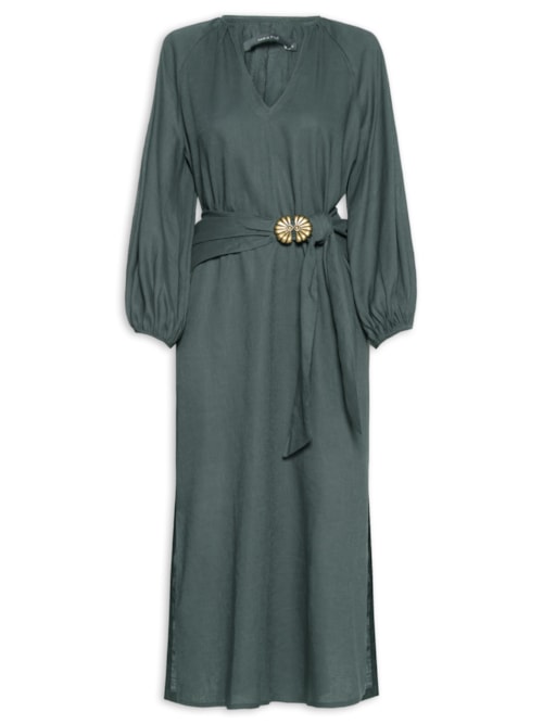 Vestido Midi Manga Bufante Lenço - Verde