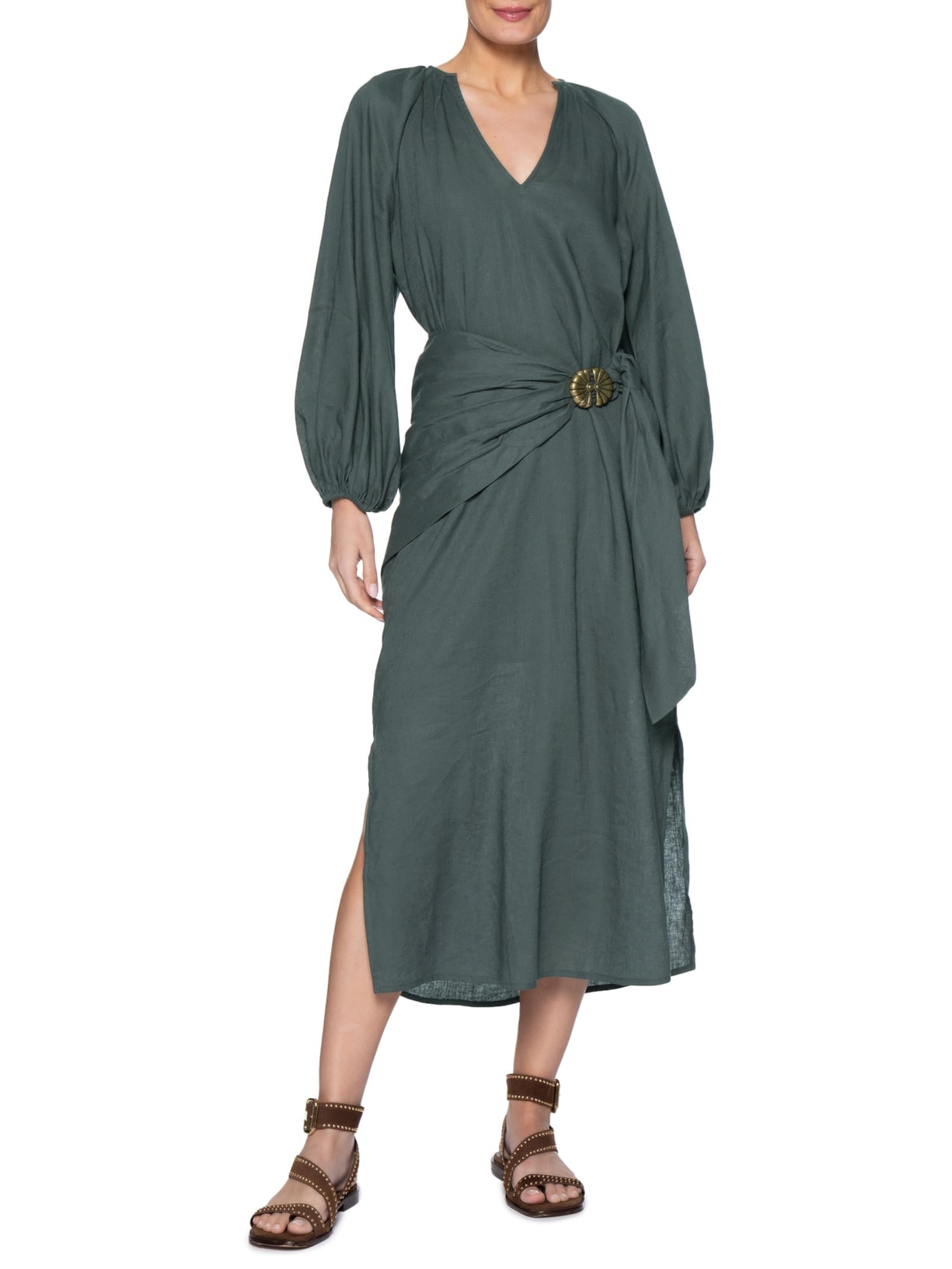 Vestido Midi Manga Bufante Lenço Verde Maria Filó