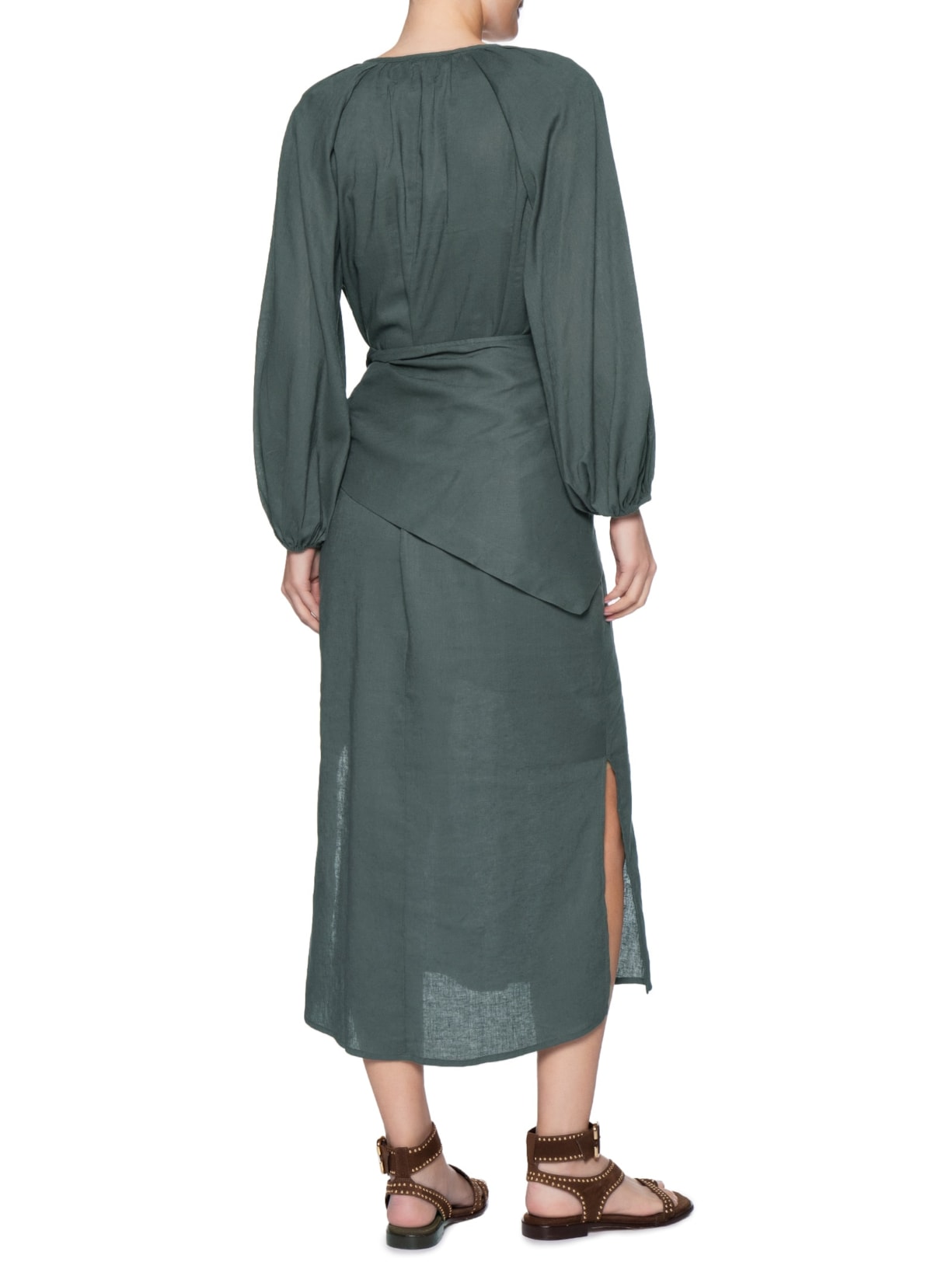Vestido Midi Manga Bufante Lenço Verde Maria Filó