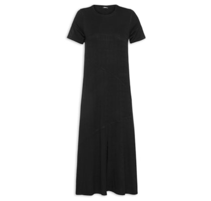 Vestido Midi Manga Curta com Recortes - Preto