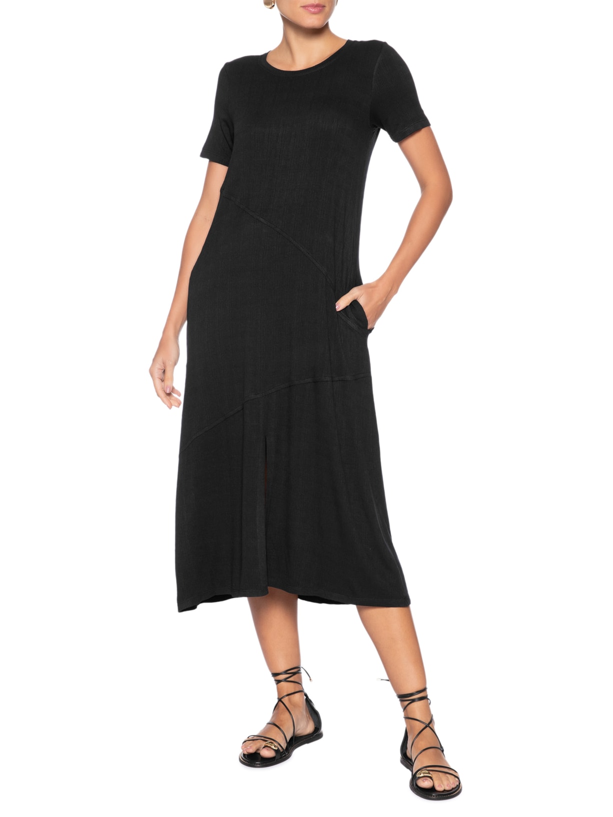 Vestido Midi Manga Curta com Recortes Preto Basiq