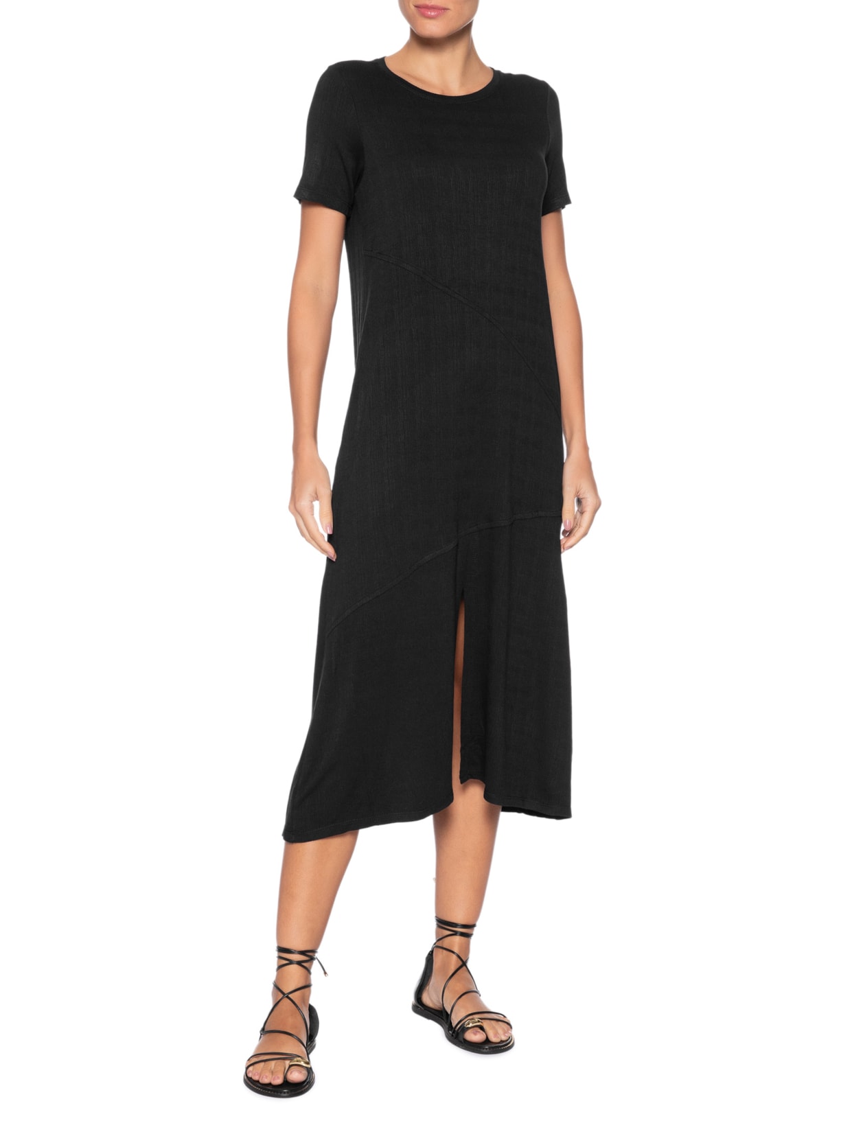 Vestido Midi Manga Curta com Recortes Preto Basiq