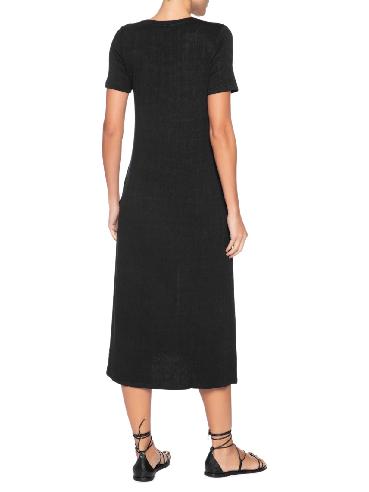 Vestido Midi Manga Curta com Recortes Preto Basiq