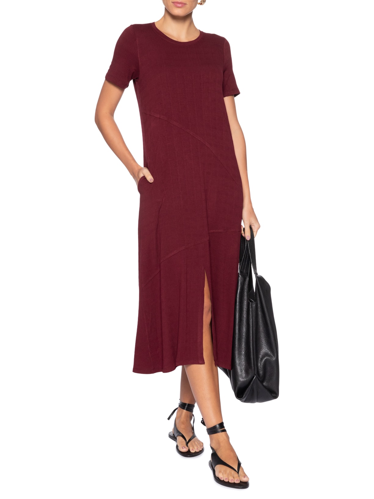 Vestido Midi Manga Curta com Recortes – Vermelho Basiq